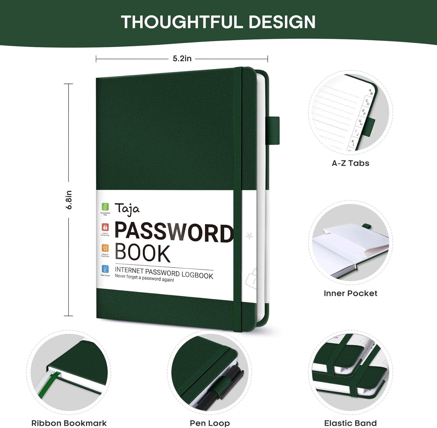image:imageTaja Password Keeper Book with Alphabetical Tabs Small Password Books for Seniors Password Notebook for Internet Website Address Log in Detail Password Logbook to Help You Stay Organized Rose GoldADark Green