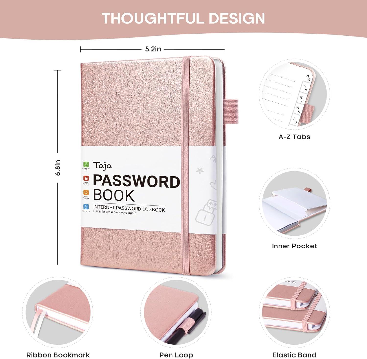 image:imageTaja Password Keeper Book with Alphabetical Tabs Small Password Books for Seniors Password Notebook for Internet Website Address Log in Detail Password Logbook to Help You Stay Organized Rose GoldARose Gold