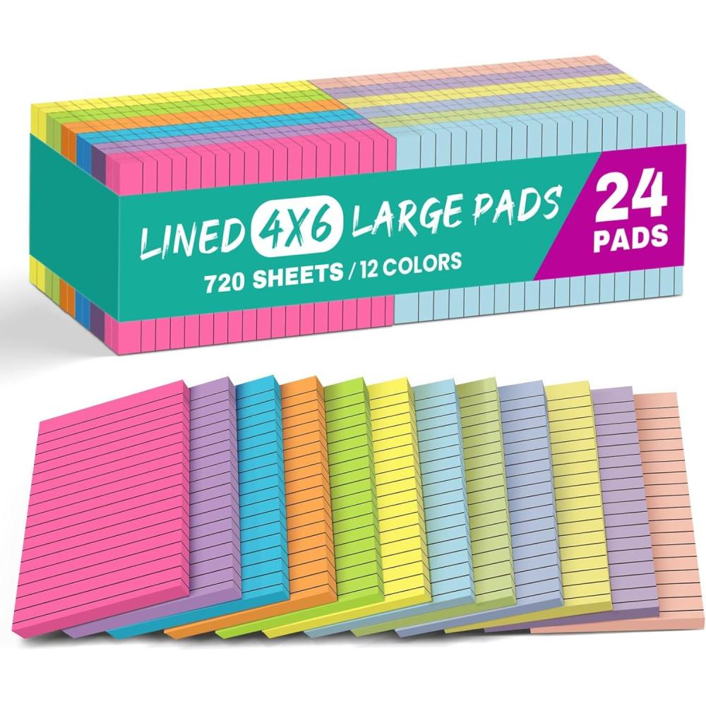image:imageLined Sticky Notes 24 Pads 4x6 Inches Large Sticky Notes with Lines Memo Note Pads in Multi Colors 30 SheetsPad Super Sticking Power for Office Home amp Planning BrightBright