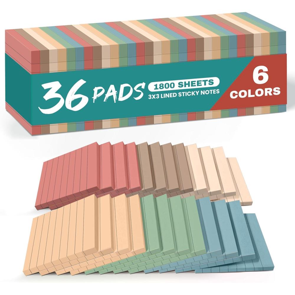 image:imageLined Sticky Notes 36 Pads 3x3 Inches SelfStick Note Pads Perfect for Office Study and Daily Life Organization VintageVingtagelined