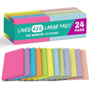 image:imageLined Sticky Notes 24 Pads 4x6 Inches Large Sticky Notes with Lines Memo Note Pads in Multi Colors 30 SheetsPad Super Sticking Power for Office  Home amp Planning  BrightBright