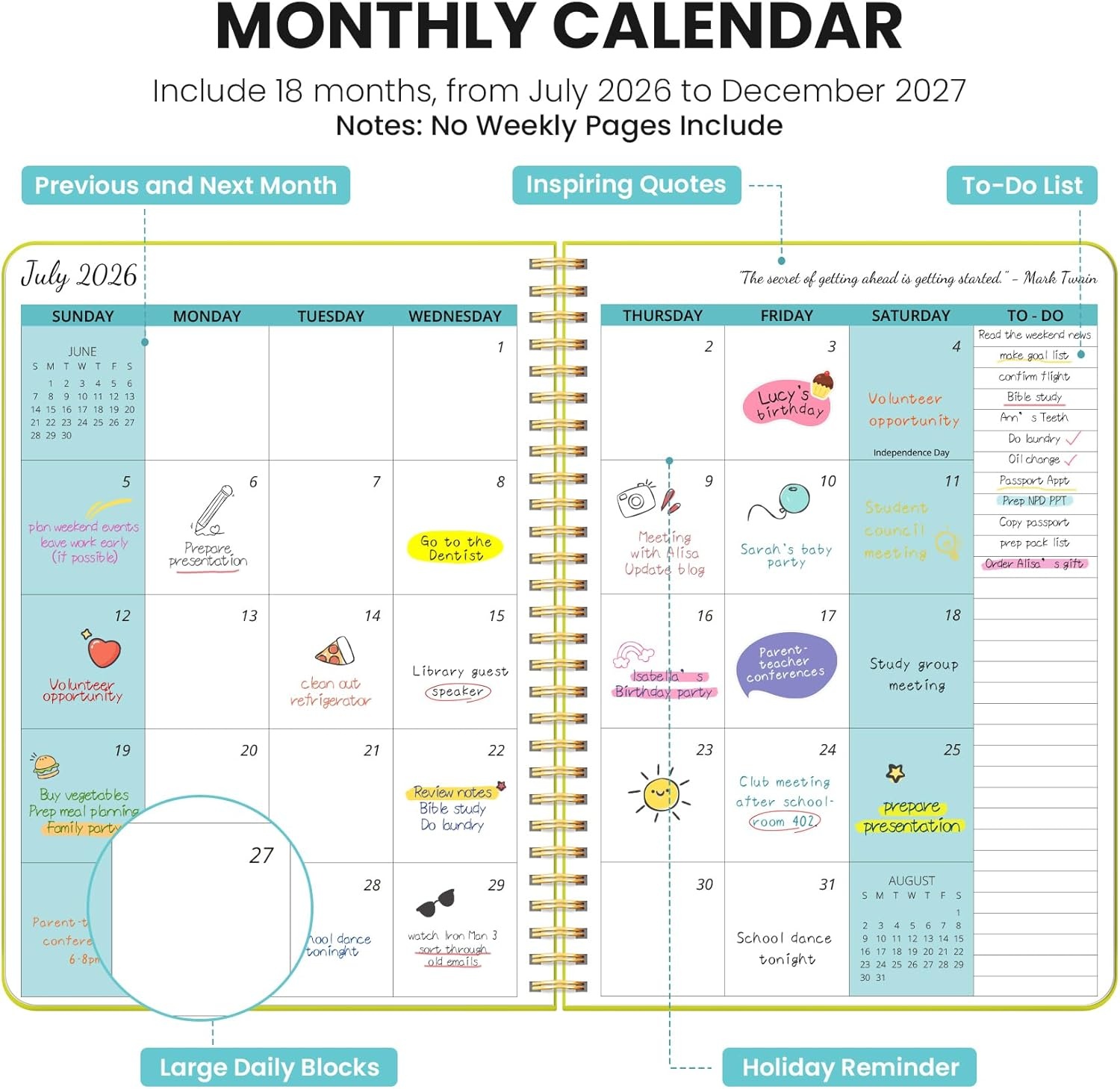 image:imageMonthly Planner 20262027 18 Months Calendar Planner 20262027 Runs from July 2026 December 2027 7 x 10 Perfect for School Office Home Planning Lemon YellowPLemon Yellow